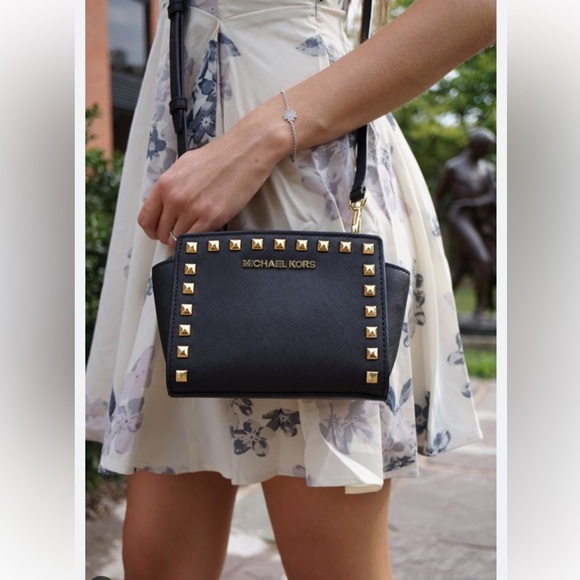 MICHAEL Michael Kors Handbags - MICHAEL KORS Selma Leather Stud Crossbody. Color: Navy Blue. Size: Small